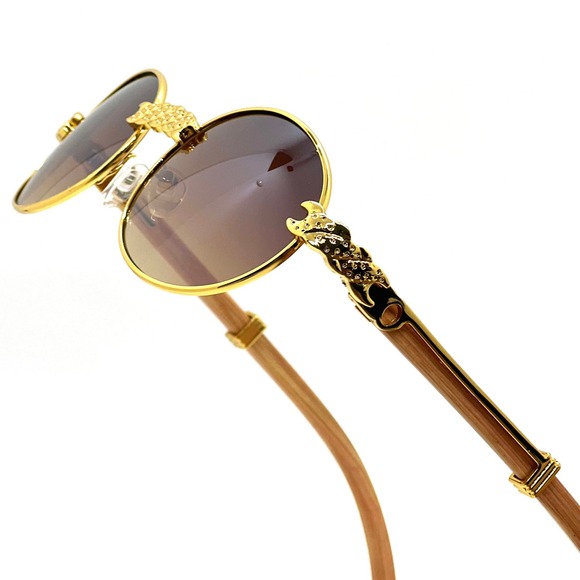 Oval Sunglasses Gold Frame Wood Arms Brown Lens Fashion Shades Men Hip Hop Style - Picture 1 of 7